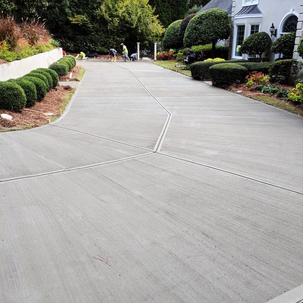 Newly laid circular concrete driveway